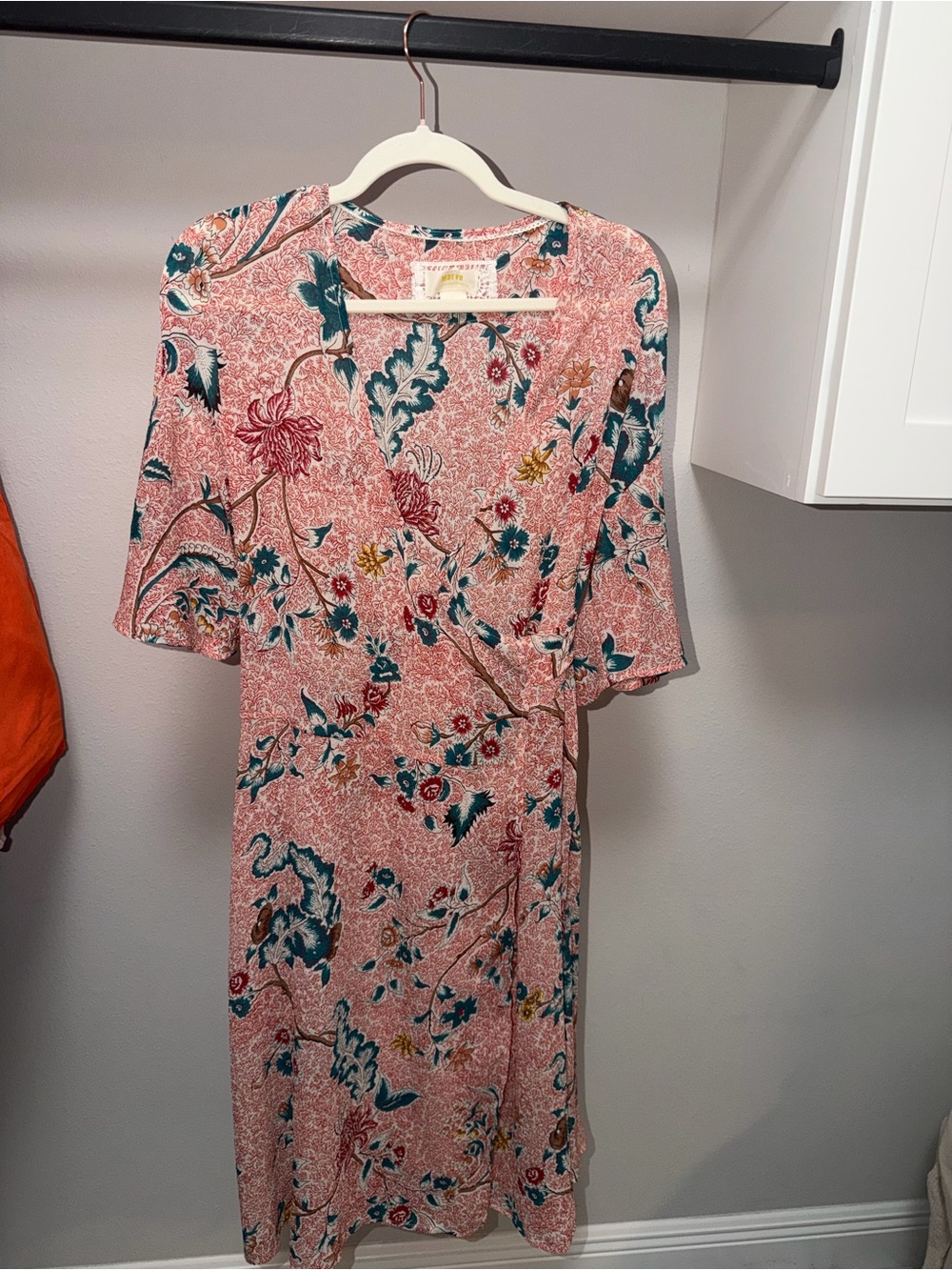 Maeve Pink Floral Midi Dress with Teal & Mustard Accents